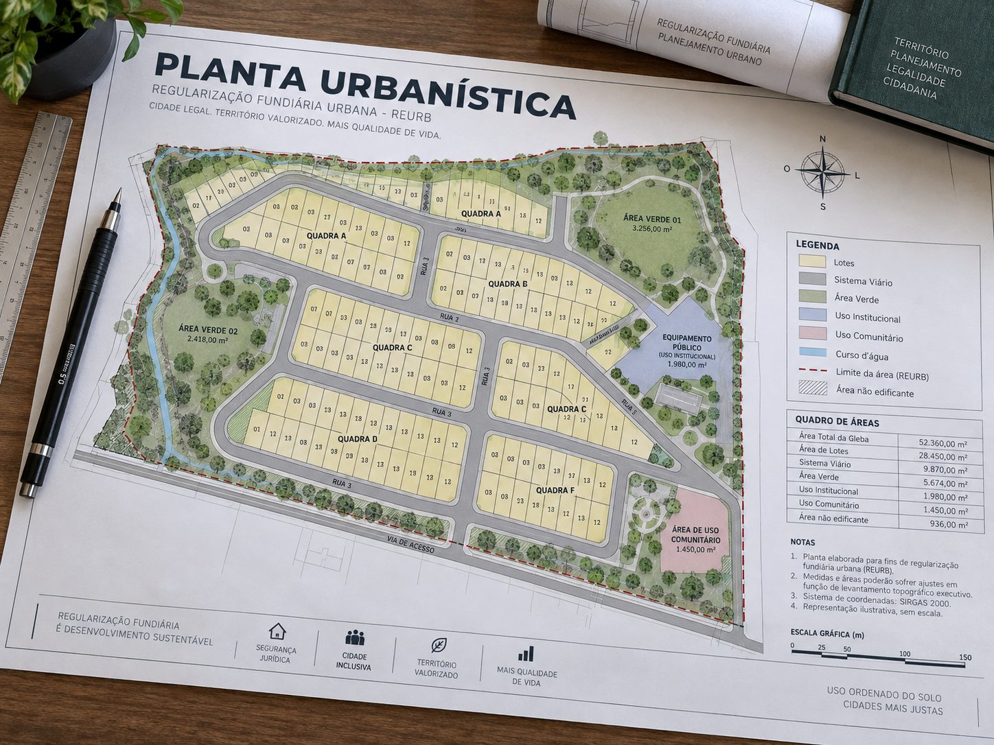 Planta urbanística de regularização fundiária com quadras, lotes e áreas verdes demarcadas